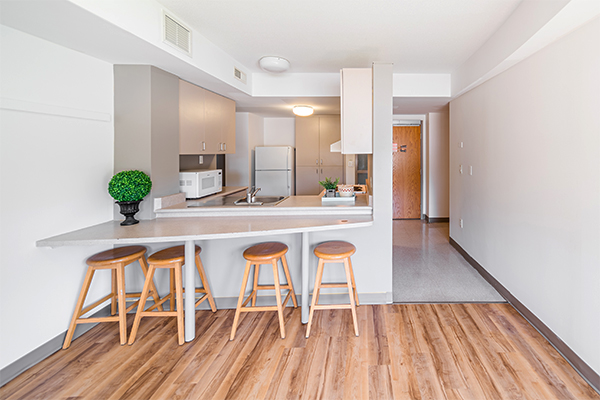 Shared living space with fully-equipped kitchen and dining table