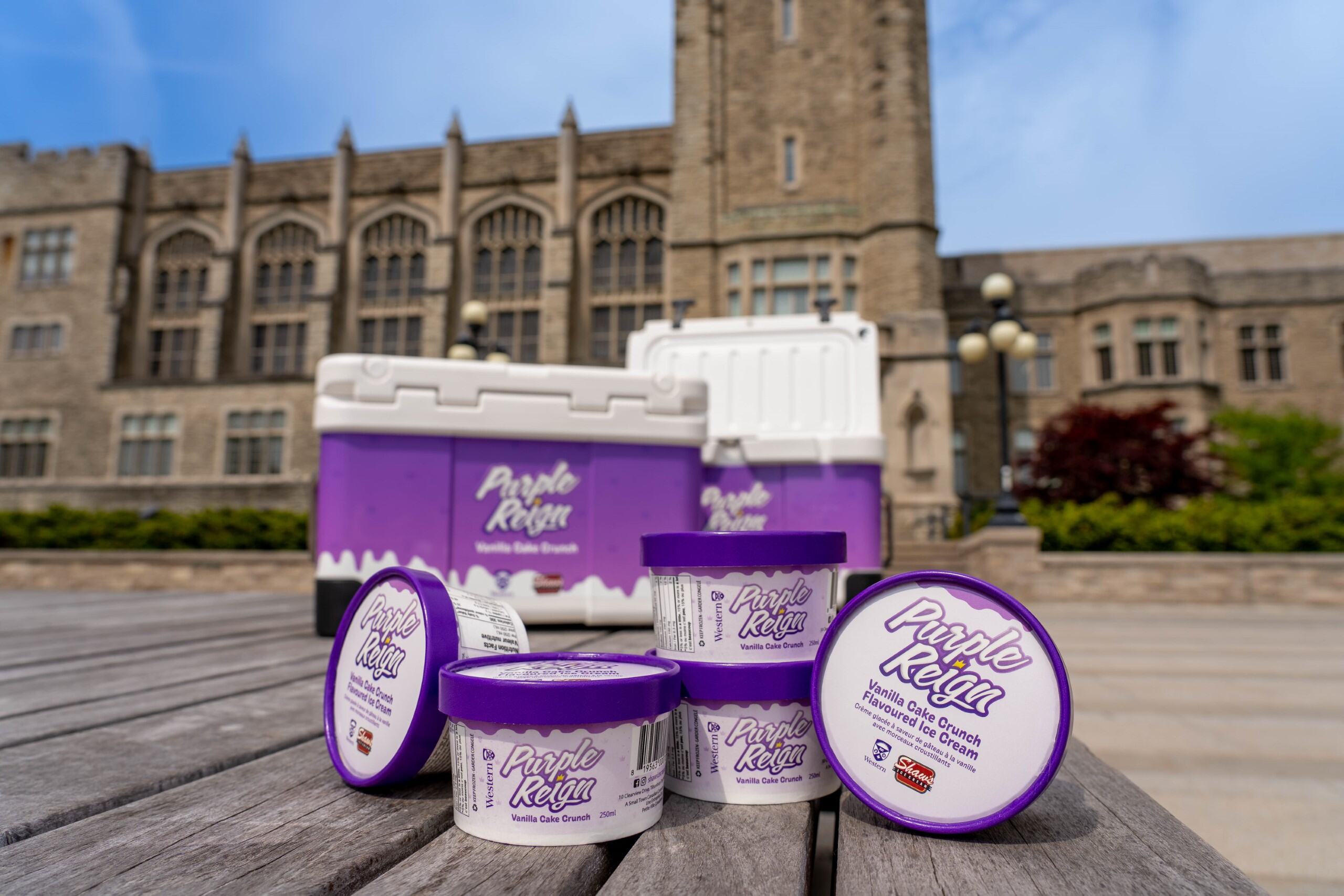 A group of Purple Reign ice cream containers in front of Western University